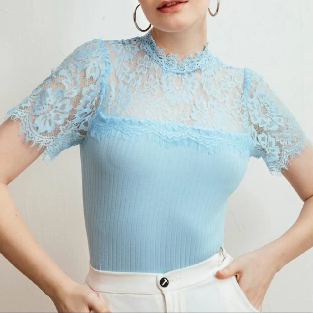 Keyhole Back Lace Yoke Rib-Knit Top